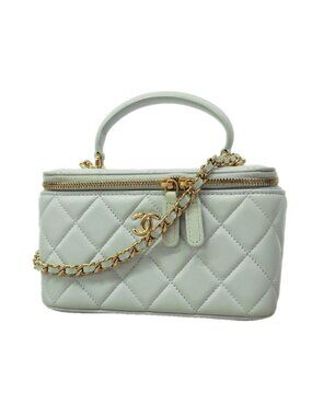 Chanel Vanity Bag Quilted Lambskin Sky Blue Champagne Gold 2-Way Bag
